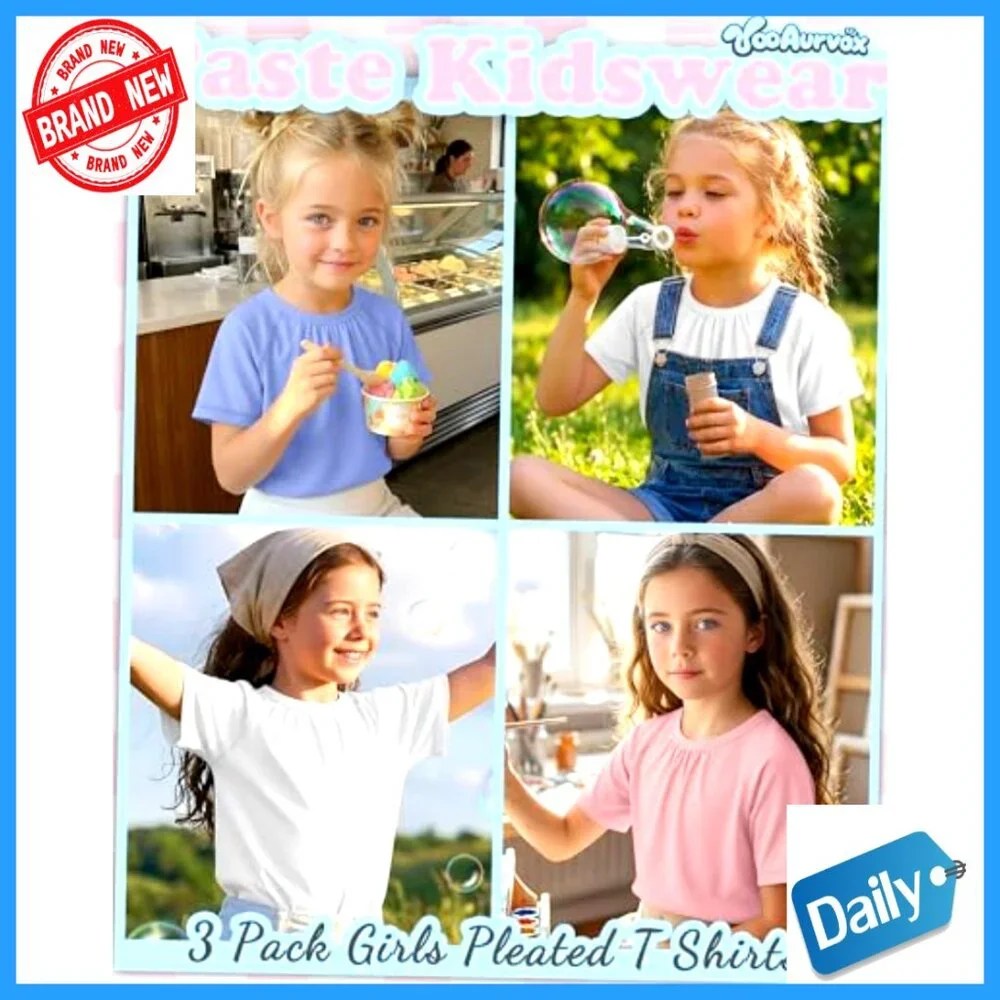 Girls Pleated T-Shirts 3 Pack Short Sleeve Summer Tops 5-14 Years